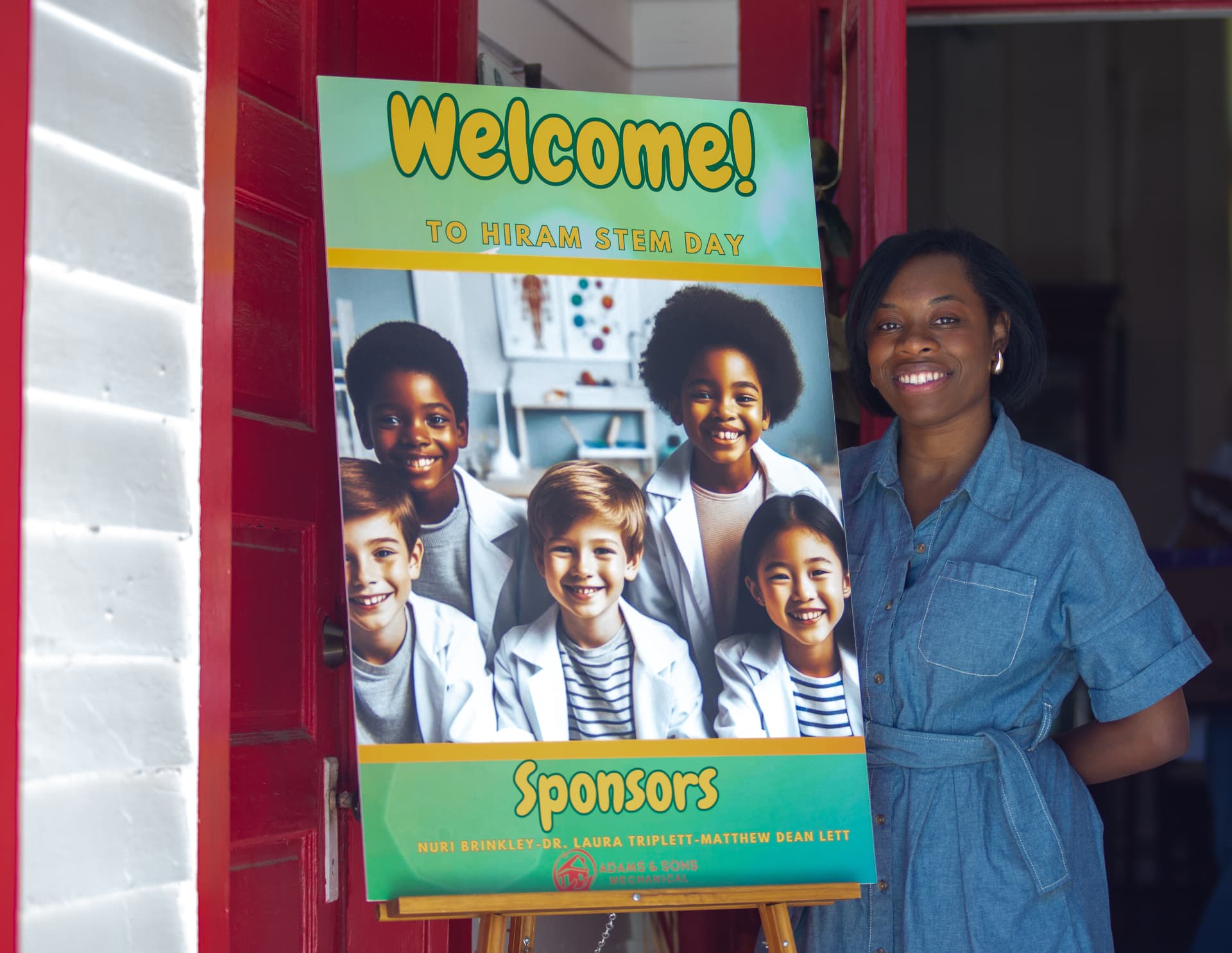 An organizer smiles beside the Welcome to Hiram STEM Day sponsor sign at the red door.
