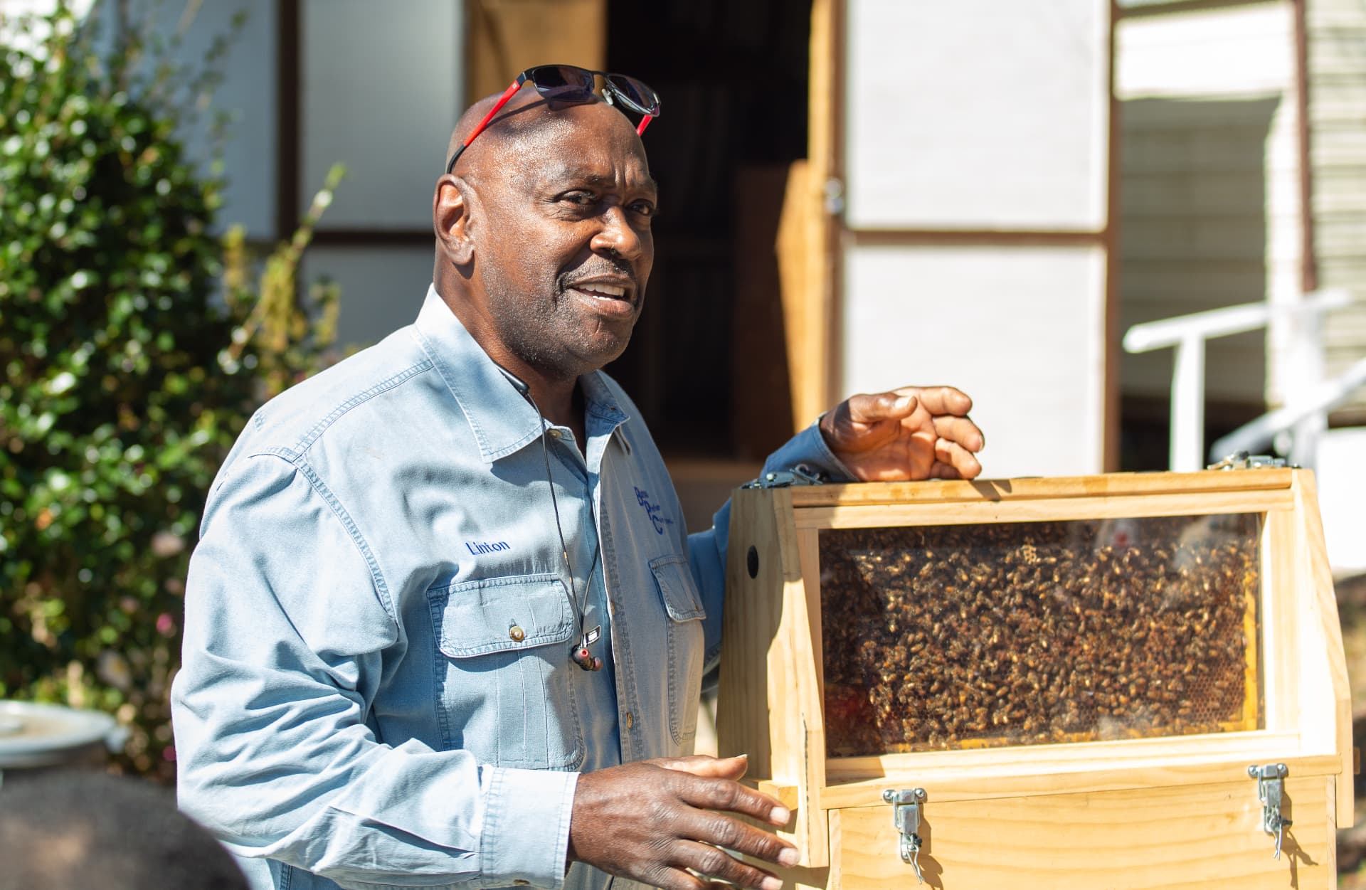 A smiling beekeeper rests his hand on the observation hive during the outdoor beekeeping demonstration.